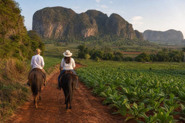 Horseback riders on a red-earth trail beside tobacco fields and steep limestone hills in Viñales Valley.