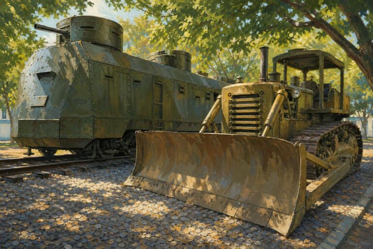 Illustration of an old bulldozer beside an armored railway carriage under leafy trees.