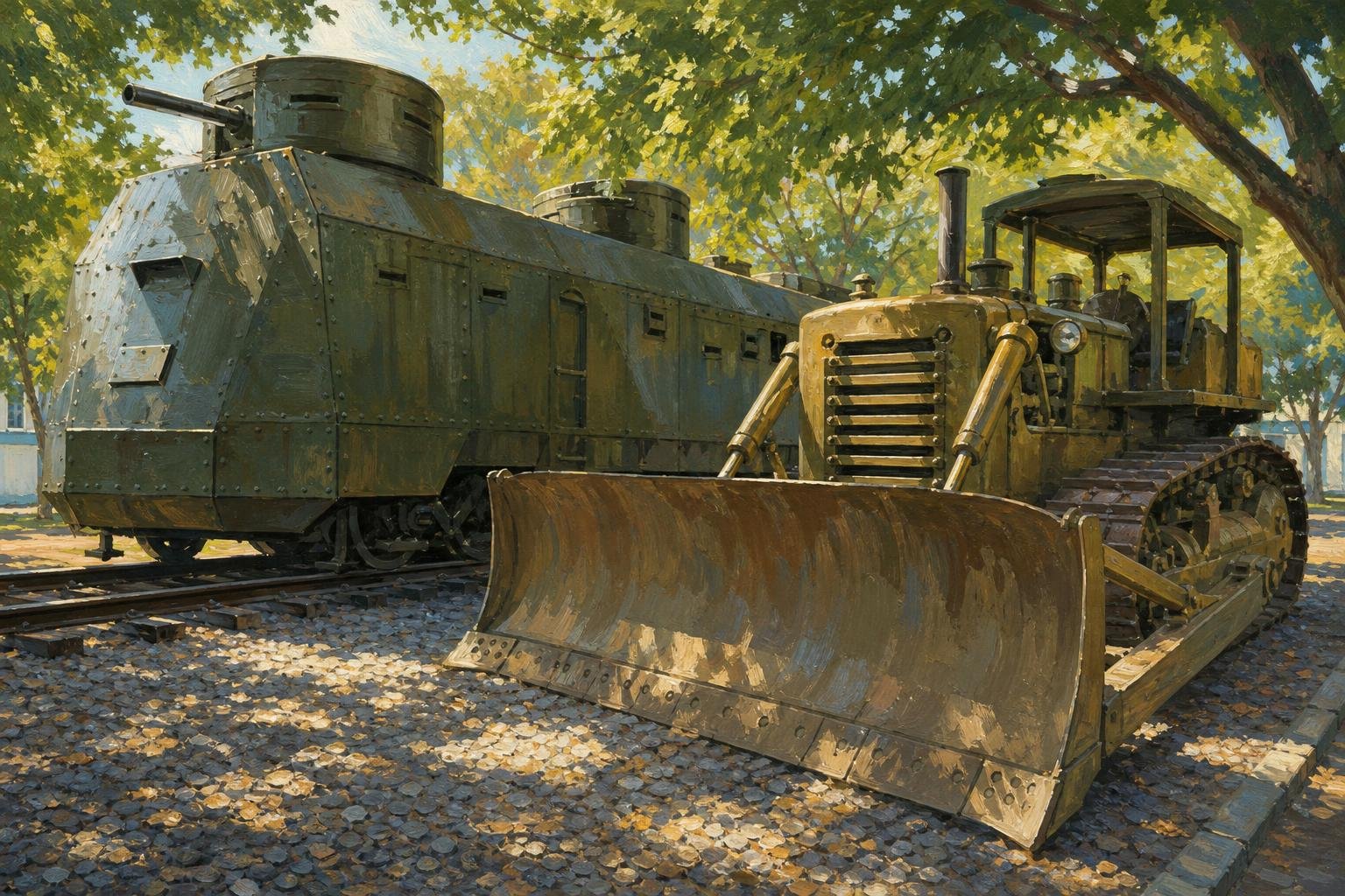 Illustration of an old bulldozer beside an armored railway carriage under leafy trees.
